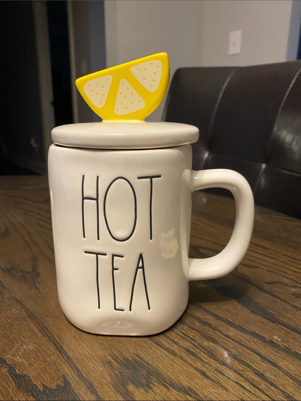 Rae Dunn White Ceramic "HOT TEA" Mug with Yellow Lemon Lid
